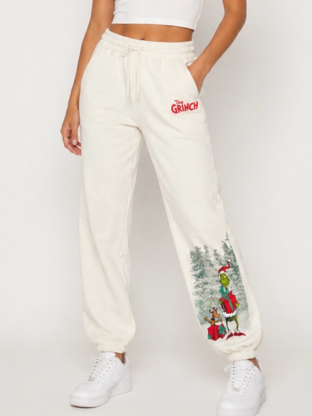 The Grinch White Graphic Joggers elastic waist pockets Christmas SZ SM